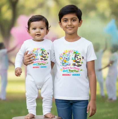 New Born & Baby Clothing | Born To Play Holi Together Lil Sis Big Bro Twinning Holi Outfits With Customized Baby Name | Soft Cotton