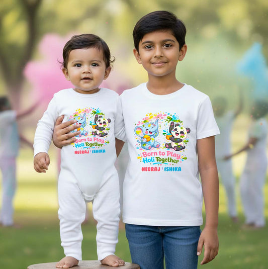 New Born & Baby Clothing | Born To Play Holi Together Lil Sis Big Bro Twinning Holi Outfits With Customized Baby Name | Soft Cotton