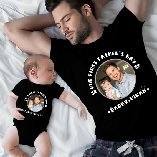 Our First Father's Day Twinning Sets T-shirt and onesie customized  baby name with picture_black onesie
