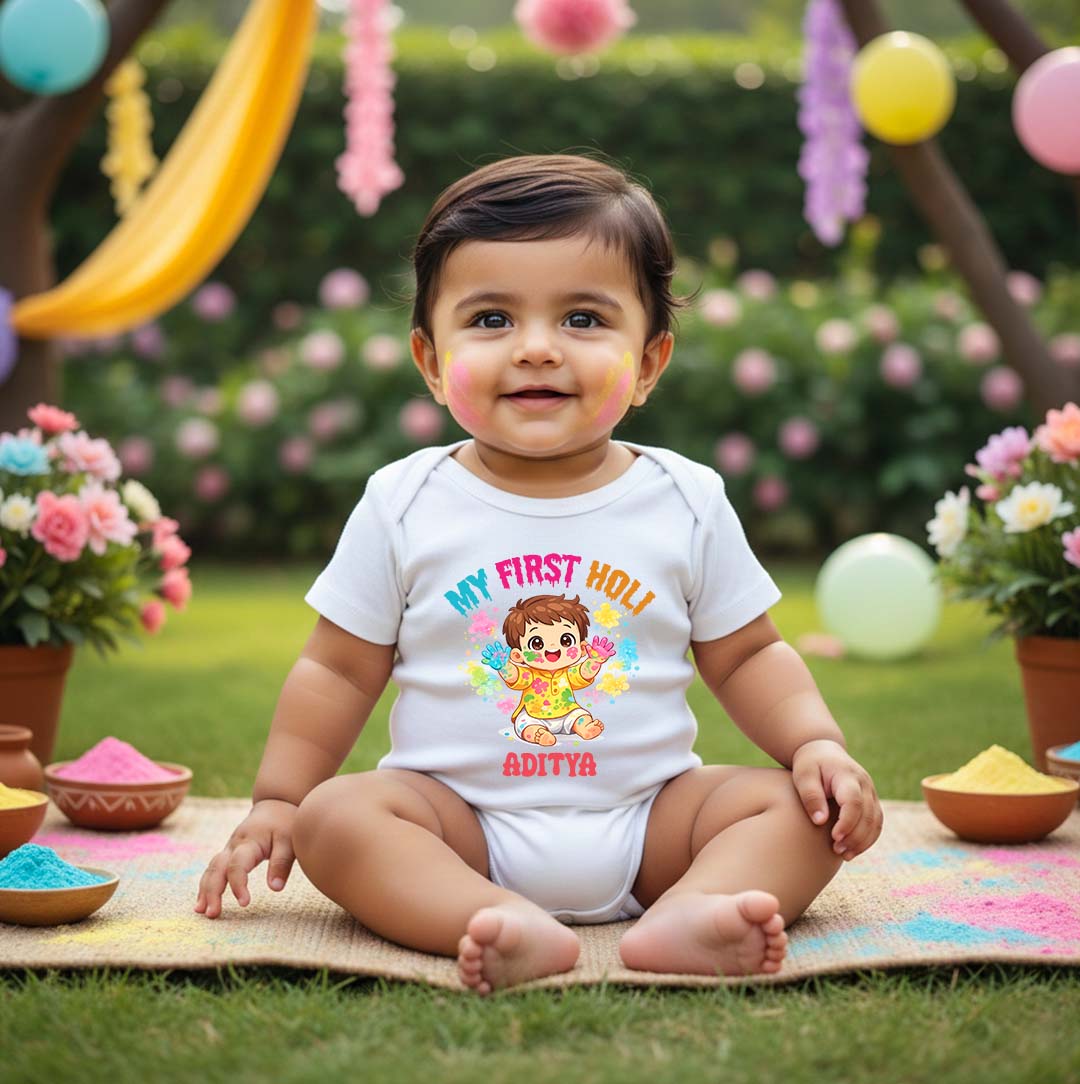 New Born & Baby Clothing | My First Holi With Customized Baby Boy Name | Soft Cotton