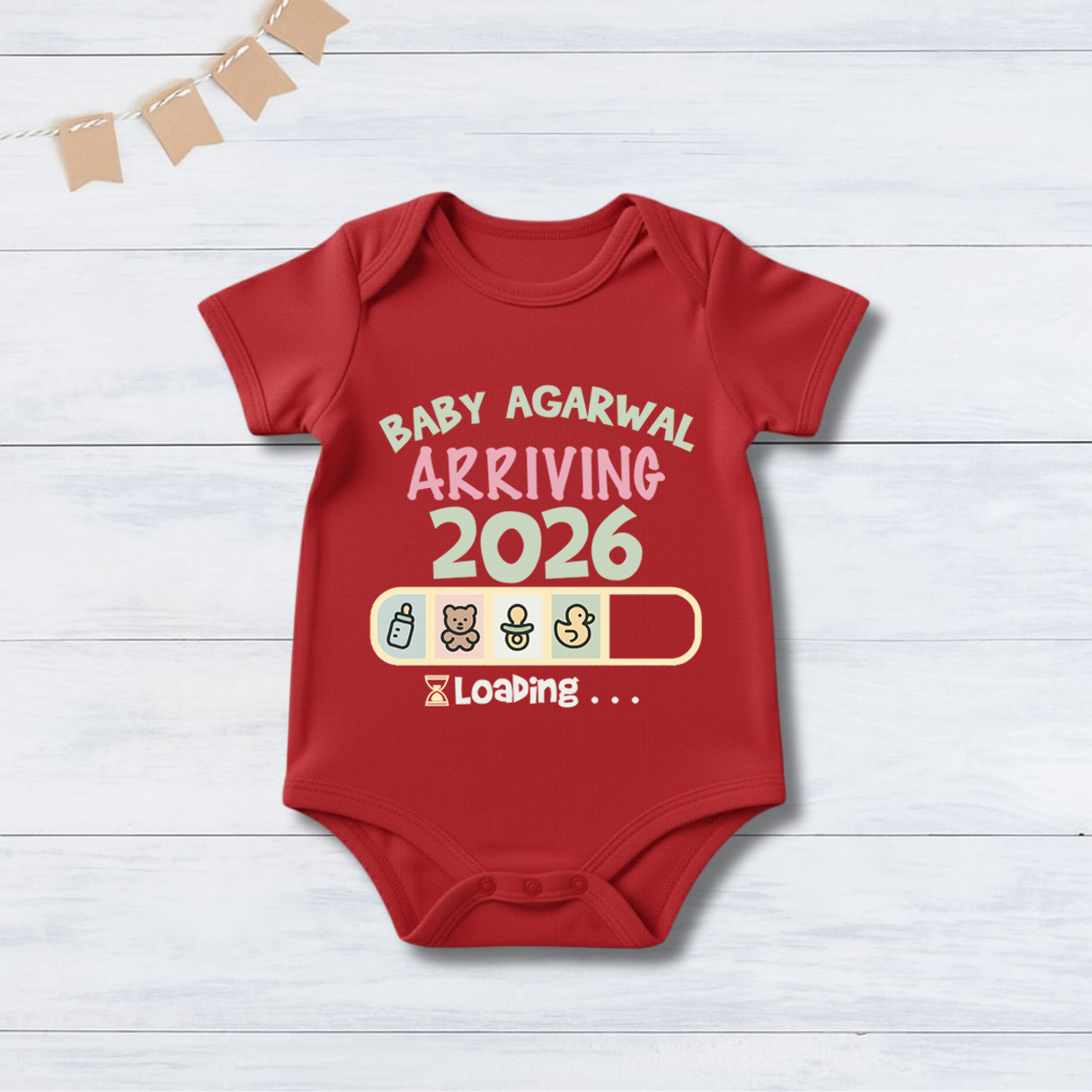 Baby Agarwal Arriving 2026 Loading ...... With Customized Surname infant onesie_ Red