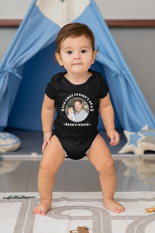 Our First Father's Day customized  baby name with dad and baby's picture _black onesie