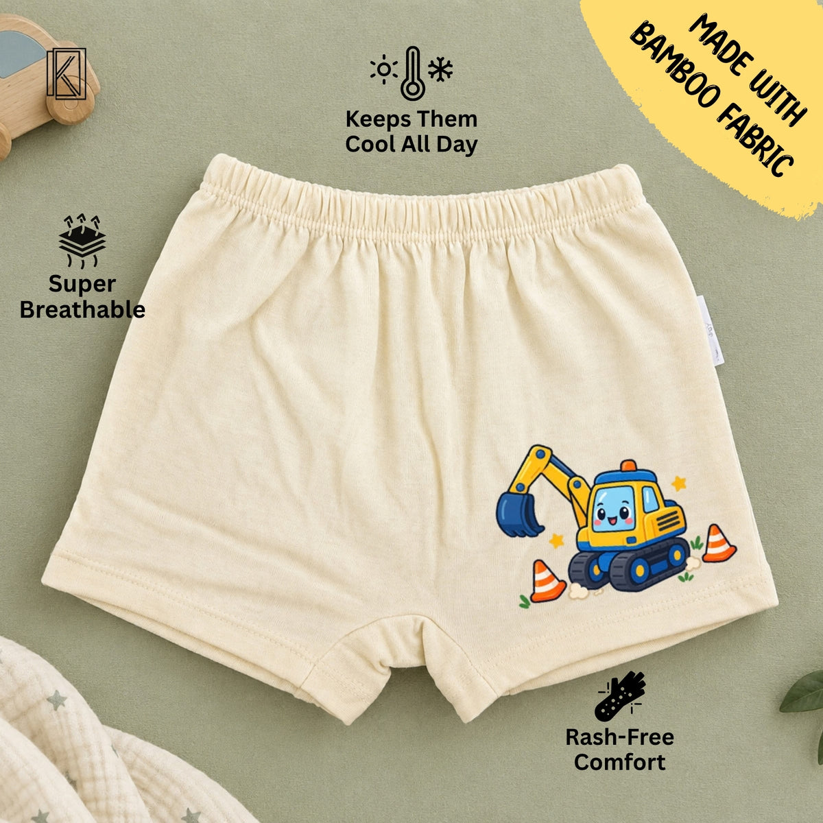 New Born & Baby Clothing | Bamboo Soft Kids Boxer Shorts – Construction Excavator Print | Soft Cotton