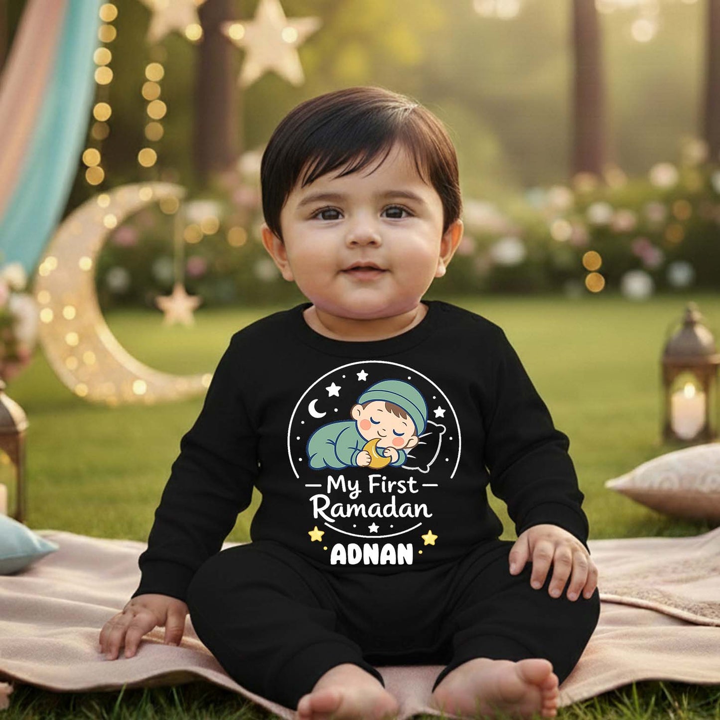 Newborn & Baby Clothing | Baby My First Ramadhan With Personalized Baby Name Black Full Romper  | Soft Cotton