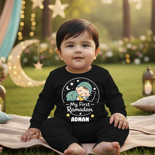 Newborn & Baby Clothing | Baby My First Ramadhan With Personalized Baby Name Black Full Romper  | Soft Cotton
