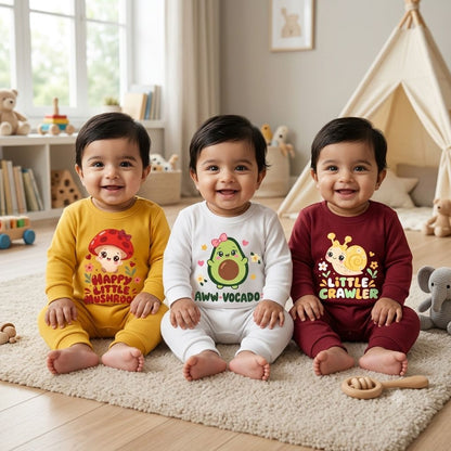 Karmikh Baby Romper Combo of 3 for Boys & Girls | Happy Little Mushroom, Aww-vocado & Little Crawler | Full Sleeve Printed Baby Rompers | Sizes 0–3M to 9–12M