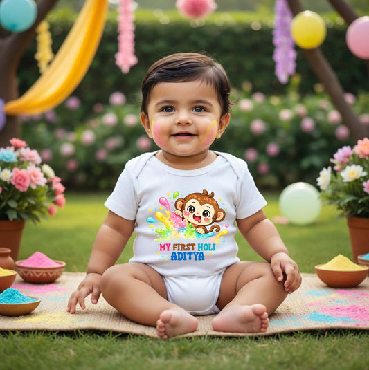 New Born & Baby Clothing | My First Holi With Customized Baby Name | Soft Cotton White