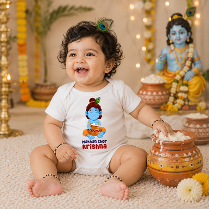 The Cutest Makhan Chor with customised name_ White Onesie