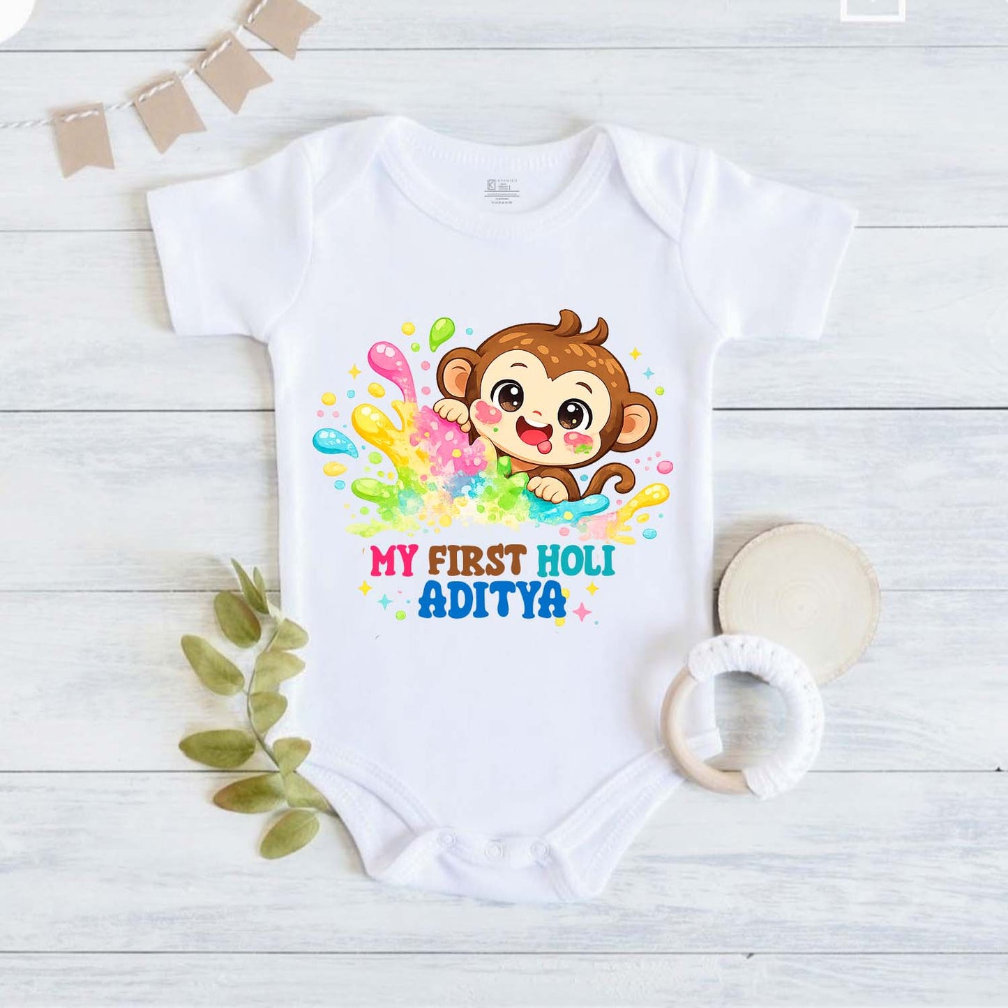 New Born & Baby Clothing | My First Holi With Customized Baby Name | Soft Cotton White