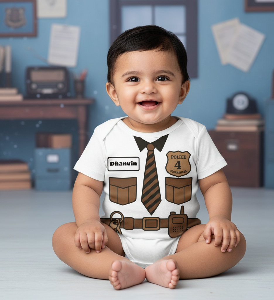 Little Officer Baby Onesie – Personalized Police Uniform with customized Baby Name _ White Romper