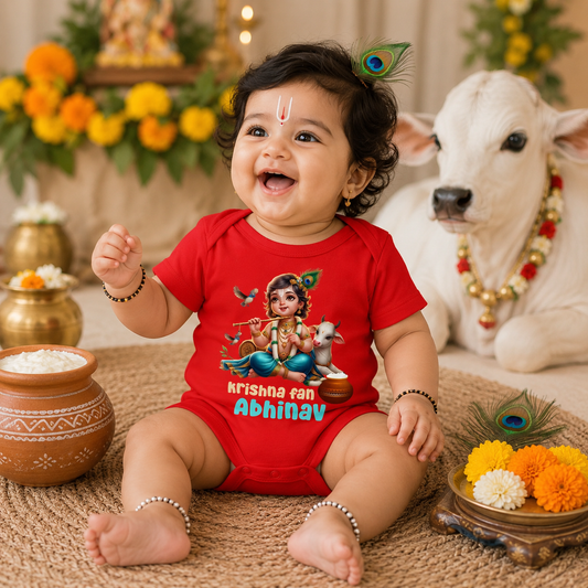 Cute krishna Fan with customized name_ Red Onesie