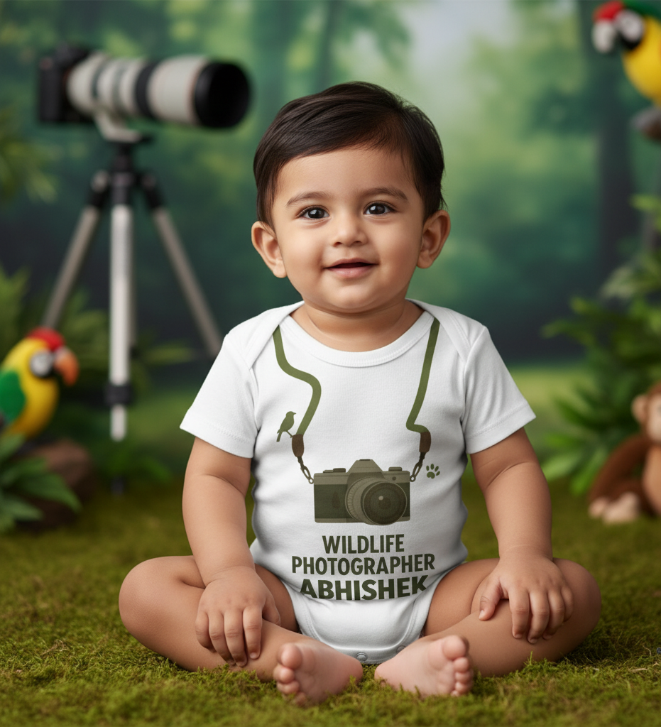 Professional Wildlife Photographer Romper with customized baby name_ White Romper