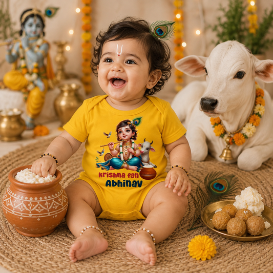 Cute krishna Fan with customized name_Yellow Onesie