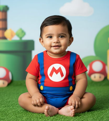 Super Baby Gamer Onesie – Mario Inspired Costume With Customized Baby Name_ Red Onesie