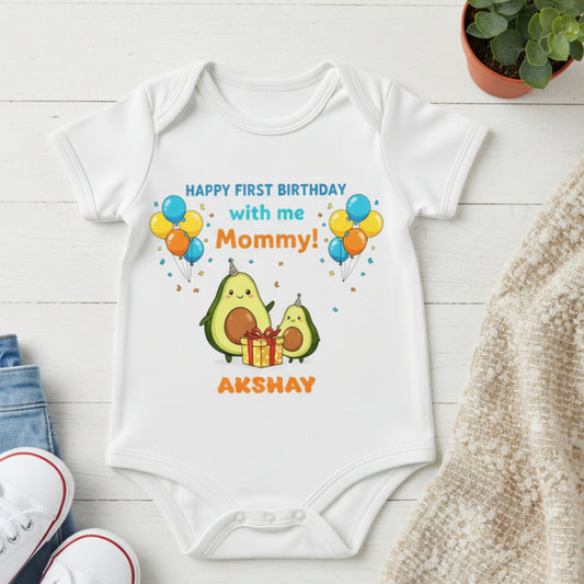 Happy First Birthday With Me Mommy ! With Customized Baby Name infant onesie_ White (Copy)
