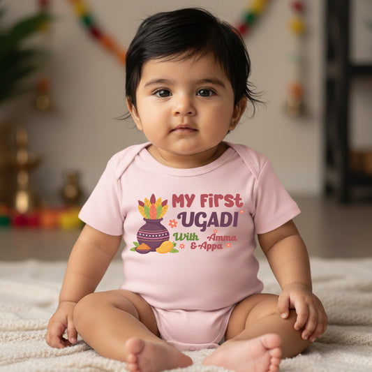 Newborn & Baby Clothing | Baby My First Ugadi With Amma & Appa Pink Dress | Soft Cotton