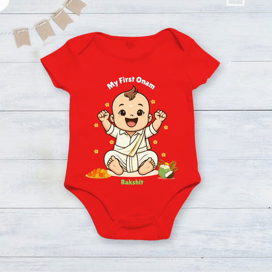 My First Onam with customised name_ Red Romper