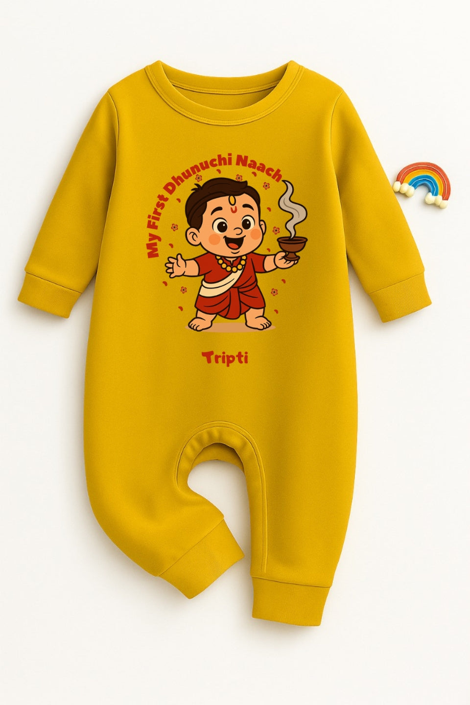 My First Dhunuchi Naach with Customized Baby Boy Name _ Full Yellow Romper