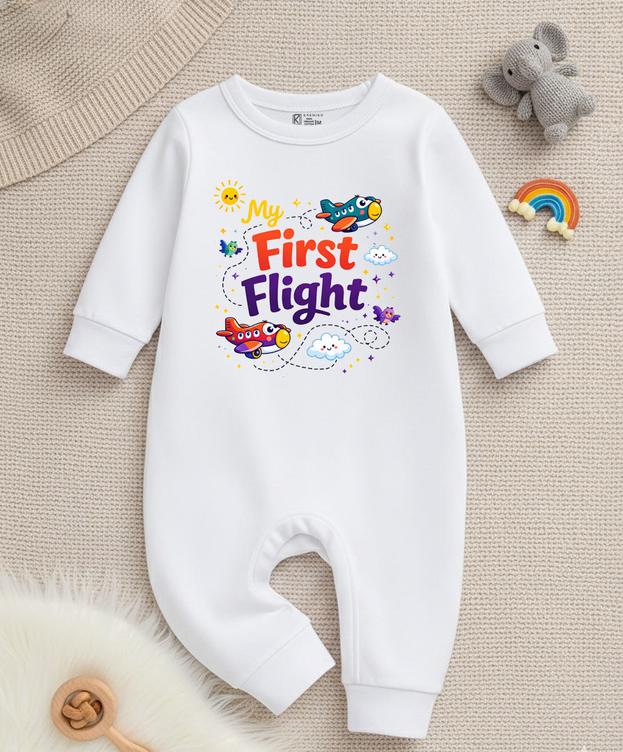 Karmikh My First Flight Baby Romper | Airplane Print Full Sleeve Baby Onesie for Newborn Boys & Girls | Cute Aviation-Themed Baby Outfit | Sizes 0–3M to 9–12M