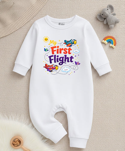 Karmikh My First Flight Baby Romper | Airplane Print Full Sleeve Baby Onesie for Newborn Boys & Girls | Cute Aviation-Themed Baby Outfit | Sizes 0–3M to 9–12M