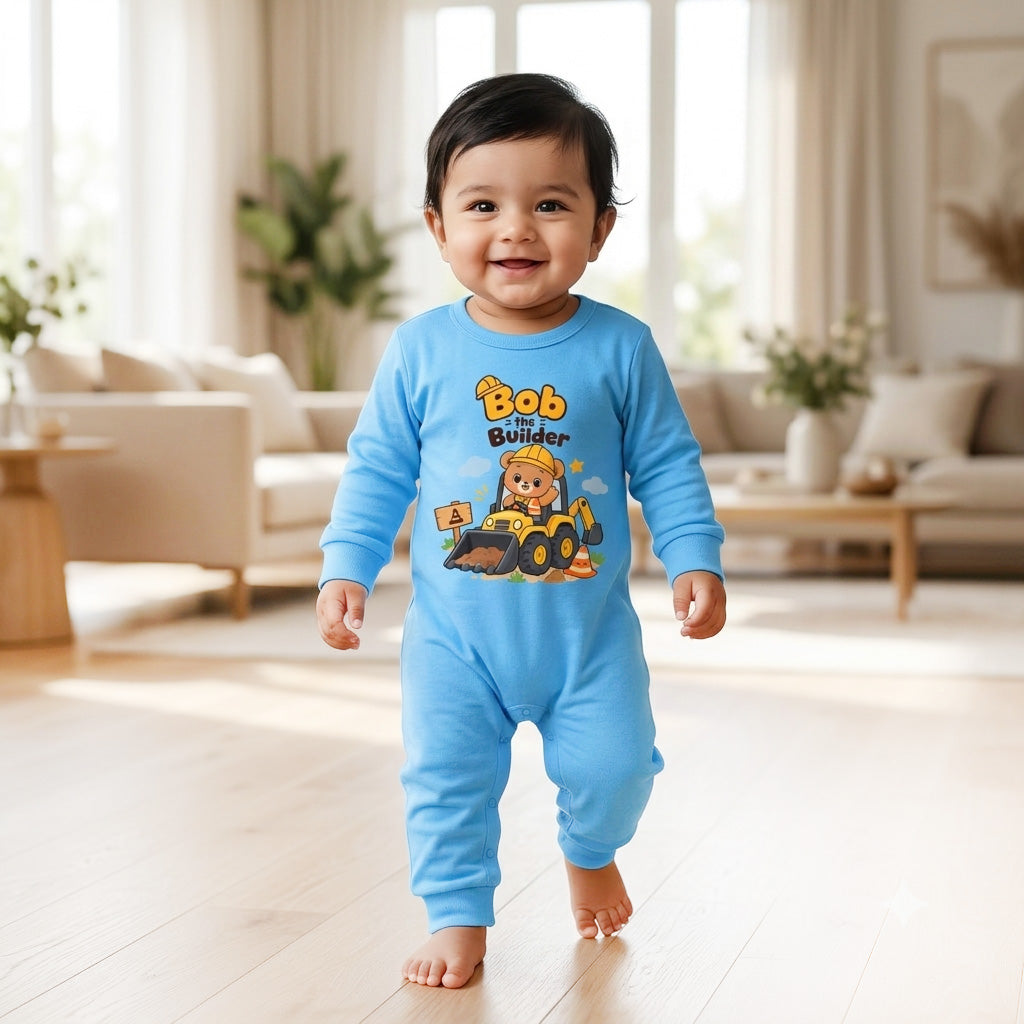Karmikh Baby Boy Romper | Bob the Builder Construction Print | Sky Blue Full Sleeve Cotton Baby Romper