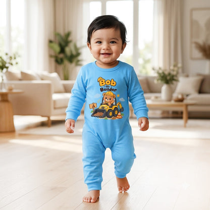 Karmikh Baby Boy Romper | Bob the Builder Construction Print | Sky Blue Full Sleeve Cotton Baby Romper