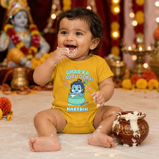 Ghar Ka Laddu Gopal with customised baby name _Yellow Onesie