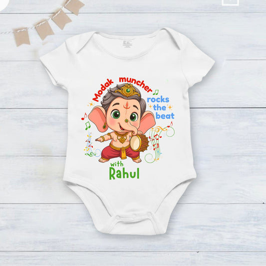 Modak Muncher Rocks the beat with customised name_ White Onesie