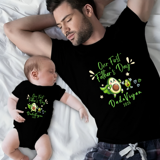 Our First Father's Day Twinning Sets T-shirt and onesie customized  baby name _black onesie