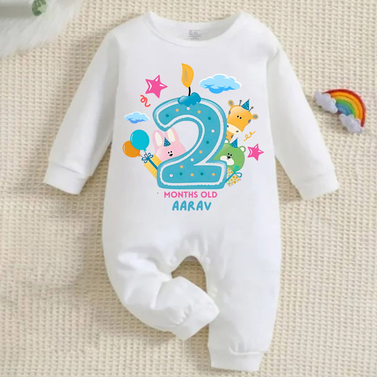 Infant monthly birthday 12 Months of Love Full White Onesie with customised baby name