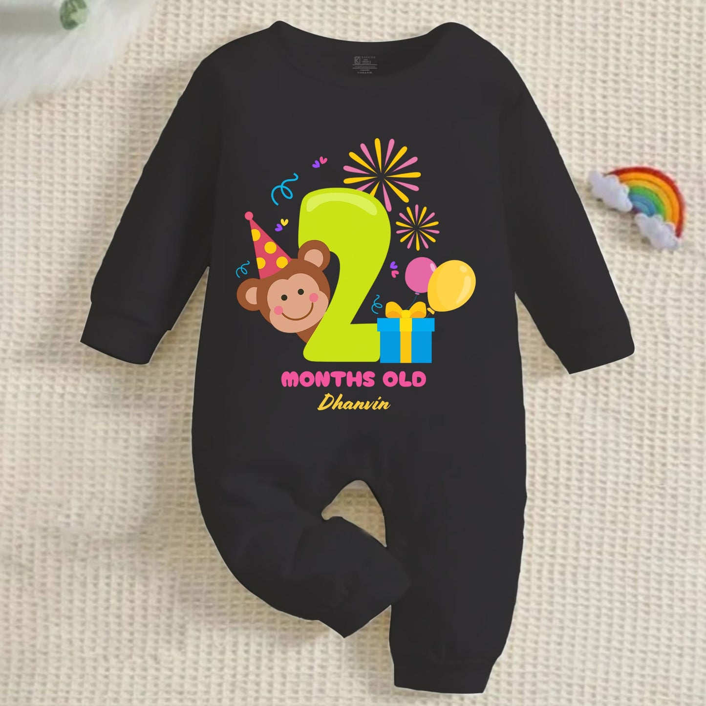 Infant monthly birthday 12 Months of Love Full Black Onesie with customised baby name