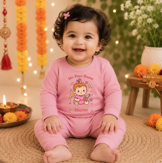 My First Rakhi with customised name_ Adorable Pink Full Romper