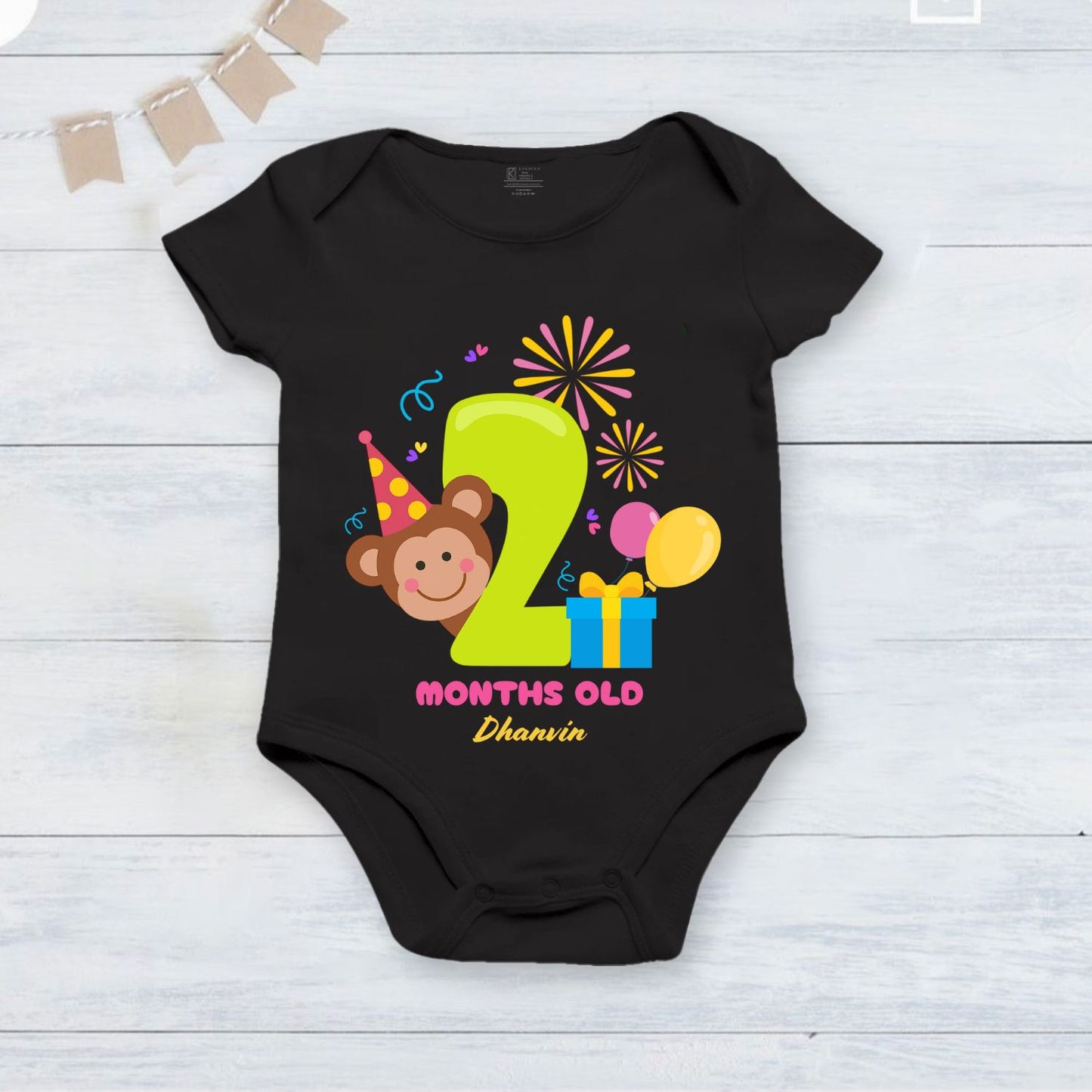 Infant monthly birthday_ With Customized Baby  Name Stylish Black Onesie