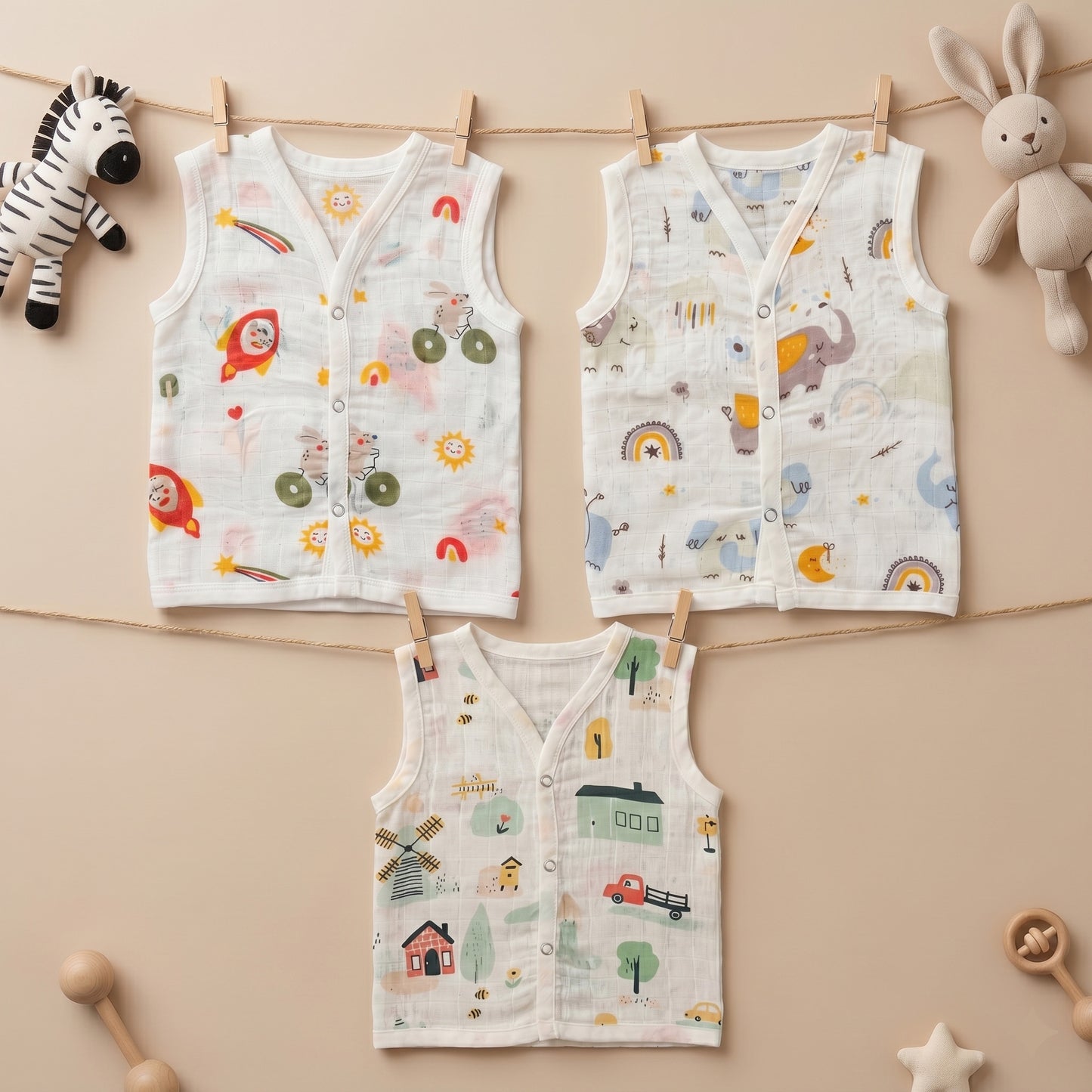 New Born & Baby Clothing | Sleeveless Muslin Baby Dress (0-3 Months) Cute Print Second Combo | Soft Cotton