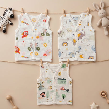 New Born & Baby Clothing | Sleeveless Muslin Baby Dress (0-3 Months) Cute Print Second Combo | Soft Cotton