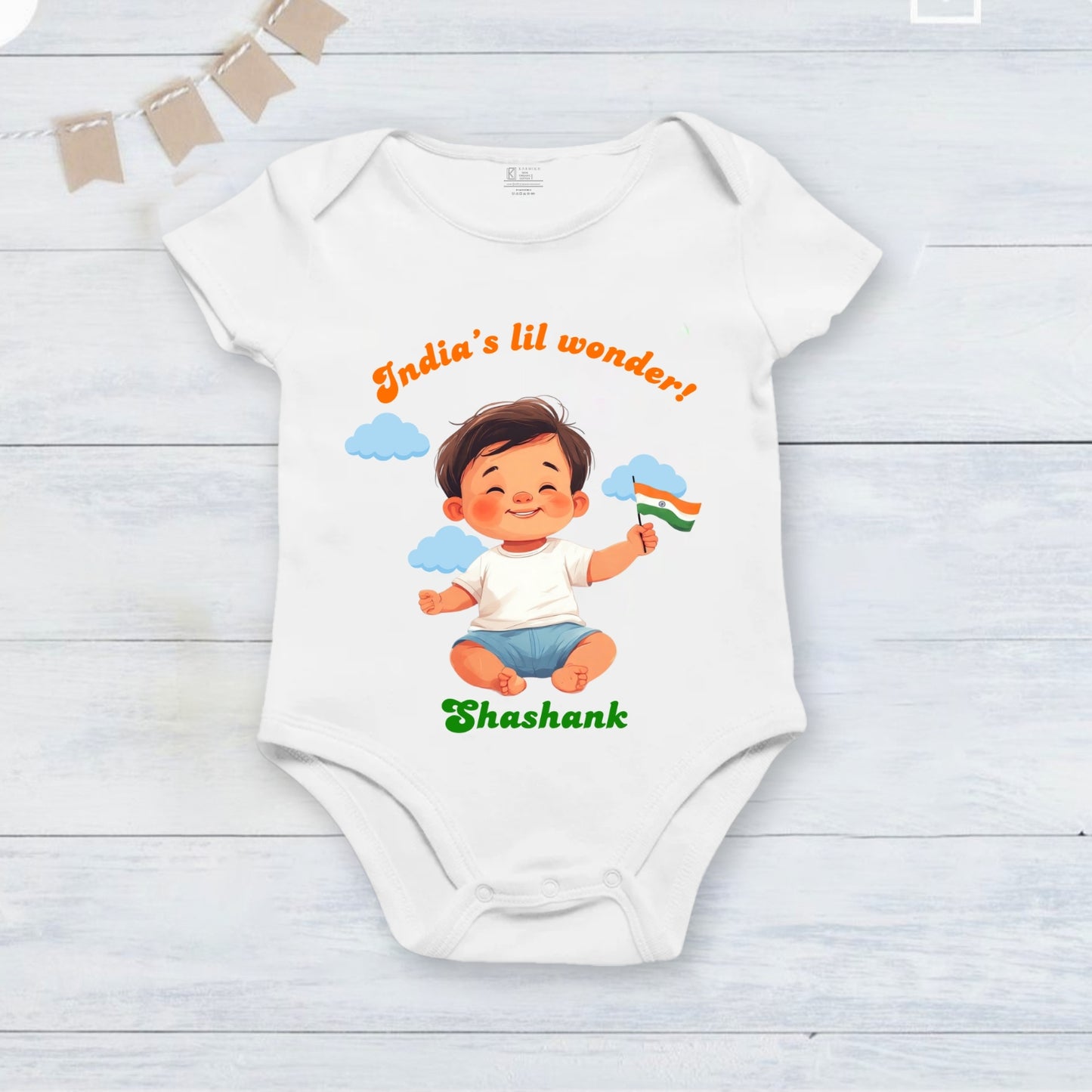 India's Little Wonder with customised baby Boy name _White Onesie