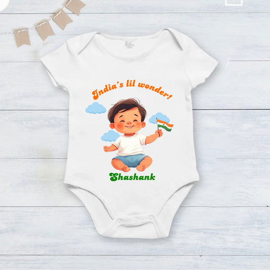 India's Little Wonder with customised baby Boy name _White Onesie