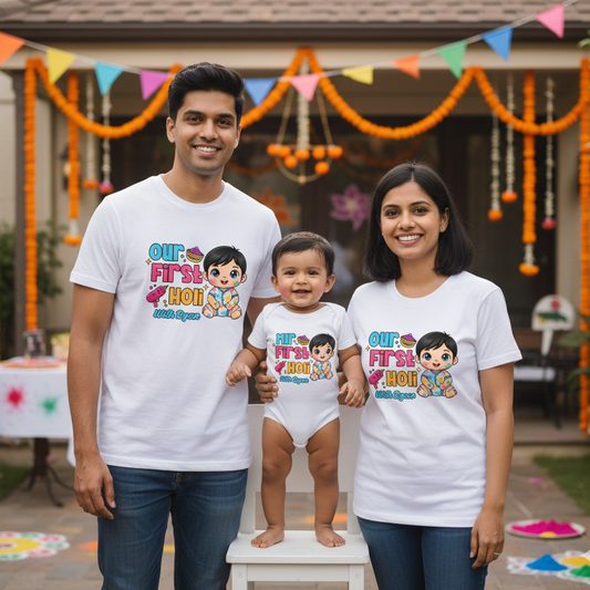Family of three wearing matching 'Our First Hot Dog' shirts in front of festive decorations.