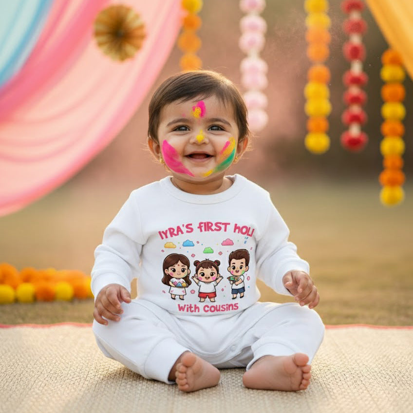 New Born & Baby Clothing | Baby First Holi With Cousins Dress with Baby Name | Soft Cotton