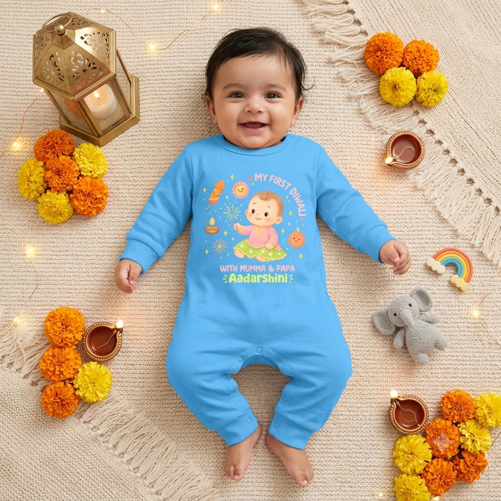 My First Diwali With Mumma & Papa Customized Baby Name _ Full Blue Romper