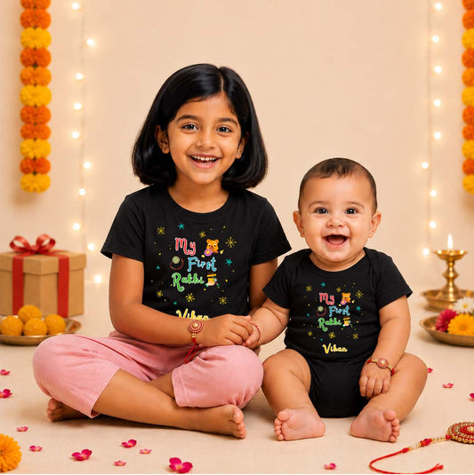 Combo pack of My First Rakhi with Customised Name_ Black Tees & Onesie