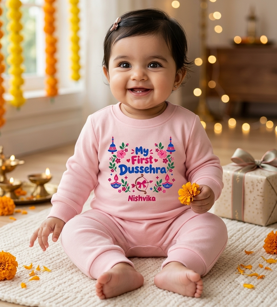 My First Dasara With Customized Baby Name _ Full Pink Romper