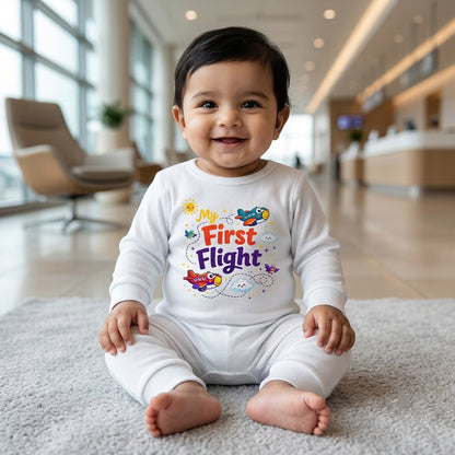 Karmikh My First Flight Baby Romper | Airplane Print Full Sleeve Baby Onesie for Newborn Boys & Girls | Cute Aviation-Themed Baby Outfit | Sizes 0–3M to 9–12M