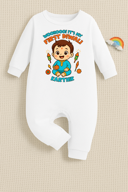 Woohooo! It's My First Diwali With Customized Baby Boy Name _ Full White Romper