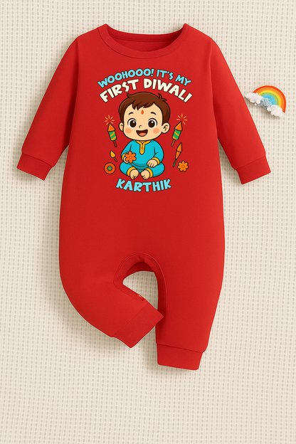 Woohooo! It's My First Diwali With Customized Baby Boy Name _ Full Red Romper
