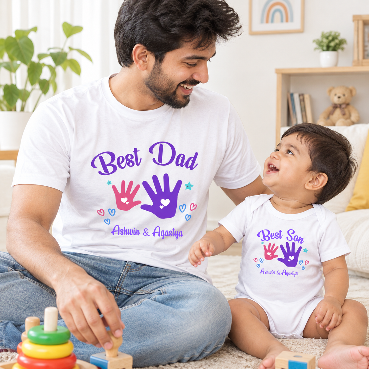 New Born & Baby Clothing | Best Dad & Son Together With Custom Baby & Father Name Handprints Design Combo | Soft T-shirt