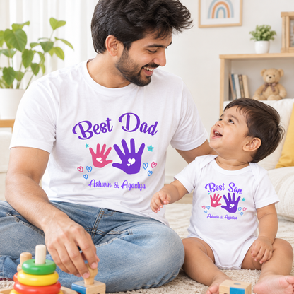 New Born & Baby Clothing | Best Dad & Son Together With Custom Baby & Father Name Handprints Design Combo | Soft T-shirt
