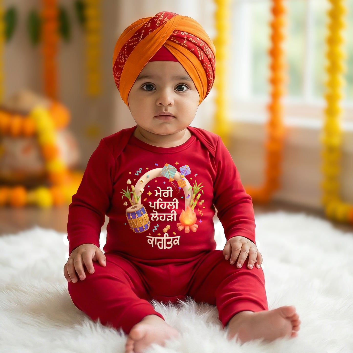 My First Lohri karthiki In Panjab With Customized Baby Name _Full Red Romper