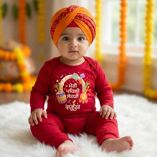 My First Lohri karthiki In Panjab With Customized Baby Name _Full Red Romper