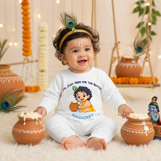 I Am Just Here For The Butter with customised Baby name_ White Full Romper